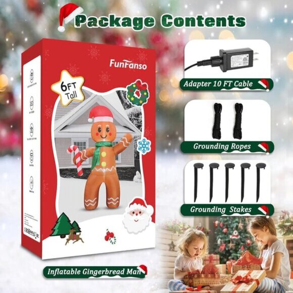 ⚡6FT Christmas Inflatables Gingerbread Man with Candy Cane Outdoor Decorations